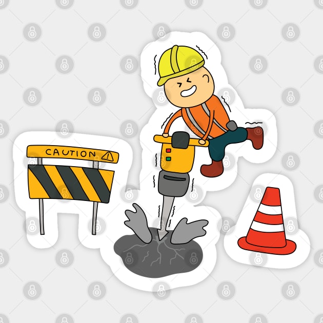 Kids drawing of funny construction worker drilling road with jack hammer Sticker by wordspotrayal